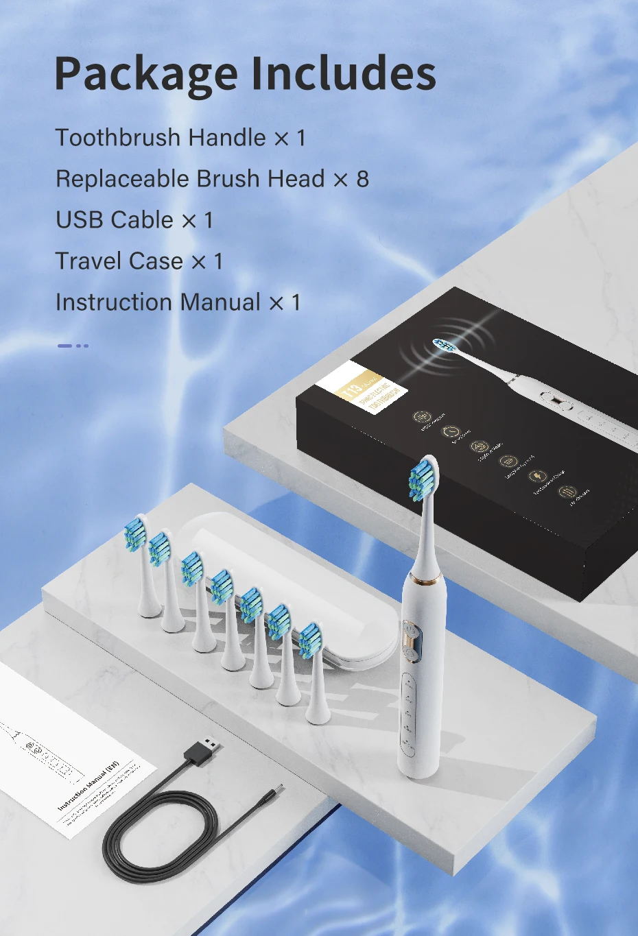 Custom USB Rechargeable Travel Electric Toothbrush IPX7 Automatic Sonic Toothbrush with 8 Medium Bristle Head for Adults