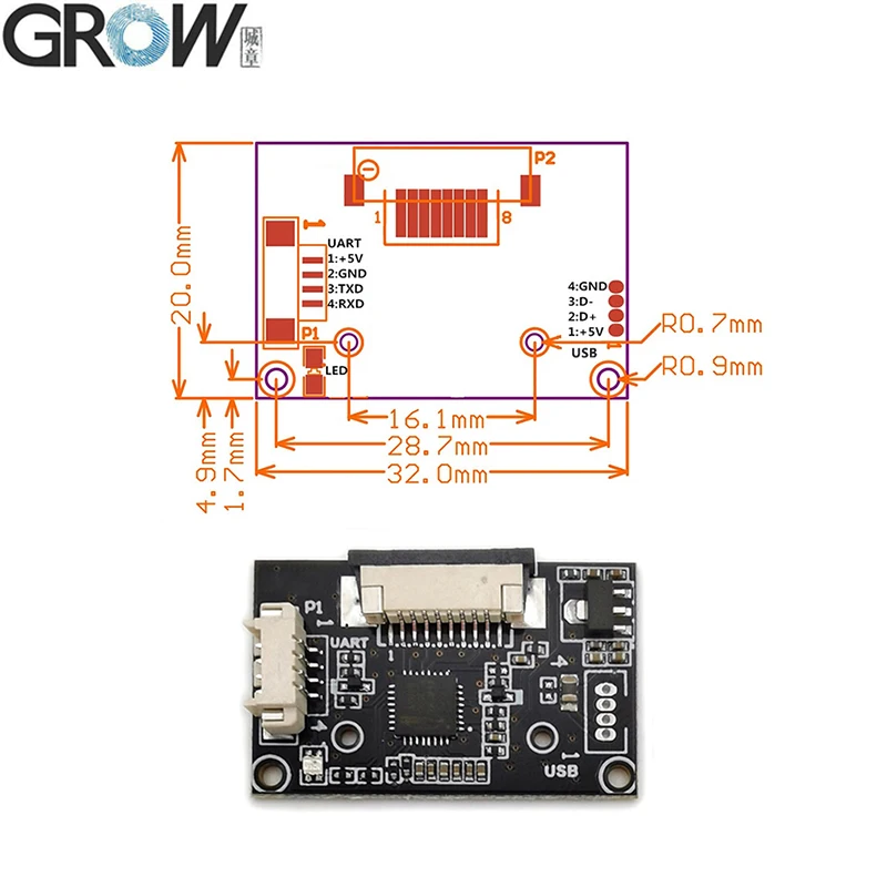 GROW R306 DC4.2-6V High Quality Biometric Fingerprint Sensor Scanner USB UART Interface