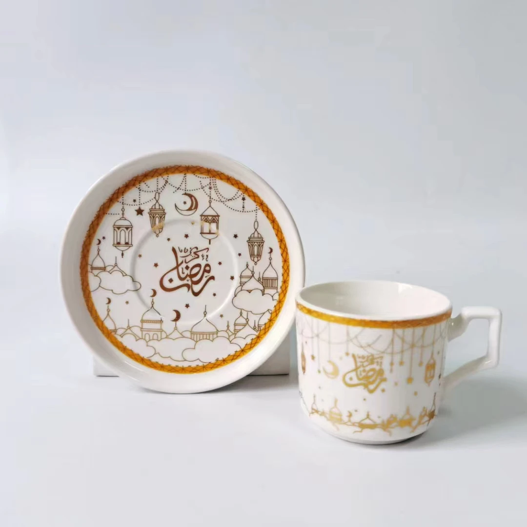 Ramadan Luxury Gift Set QIANHU Brand 110ml Porcelain Enamel 12PCS Turkish Arabic Espresso Coffee and Tea Cup Saucer with Gold Ri