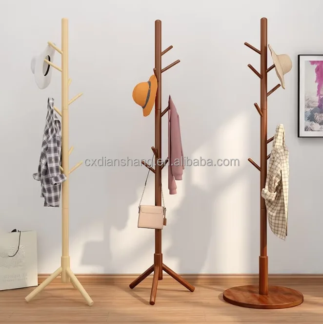 Solid Wood Coat Rack Floor-Standing Simple Clothes Drying Rack with Vertical Hanger wood Bag Hanging Rack Bedroom Living Room