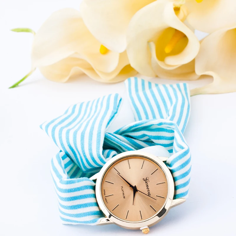 
Women Geneva Watches New Fashion Floral Cloth bow-knot Stripe Quartz Bracelet Wristwatch Lady 