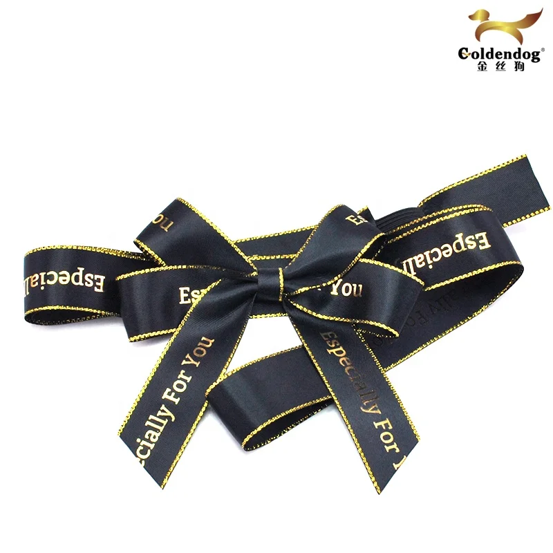 Custom LOGO Printing Pre-tied Gift with Elastic Band Gold Edge Satin Bow Ribbon