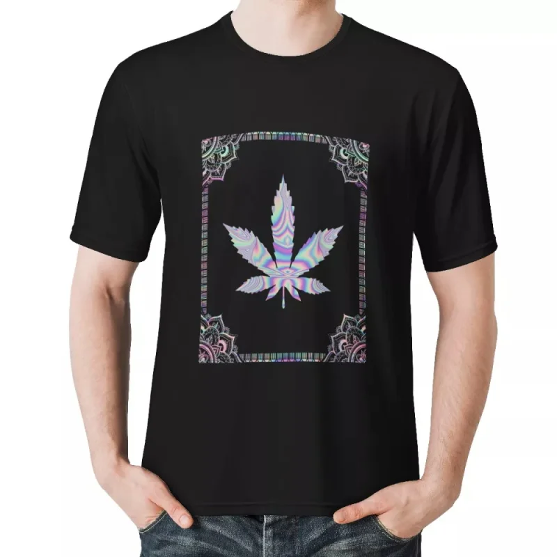 Black Weed Leaves Pattern Printed Graphic Custom Tee Shirt Printing Street Wear Custom Made Personalized Breathable Comfortable