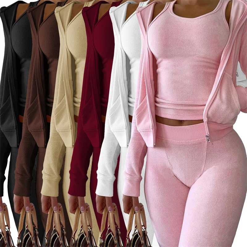 Aoyema Fall Loungewear Suit Solid Color Zip up Hoodie 3 Piece Set Women Terry Towel Sweatpants and Hoodie Set