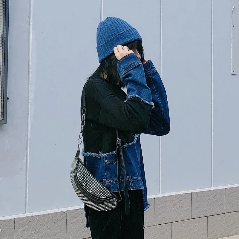 TWOTWINSTYLE Patchwork Denim Asymmetric Colorblock Loose Casual Womens Sweatshirt