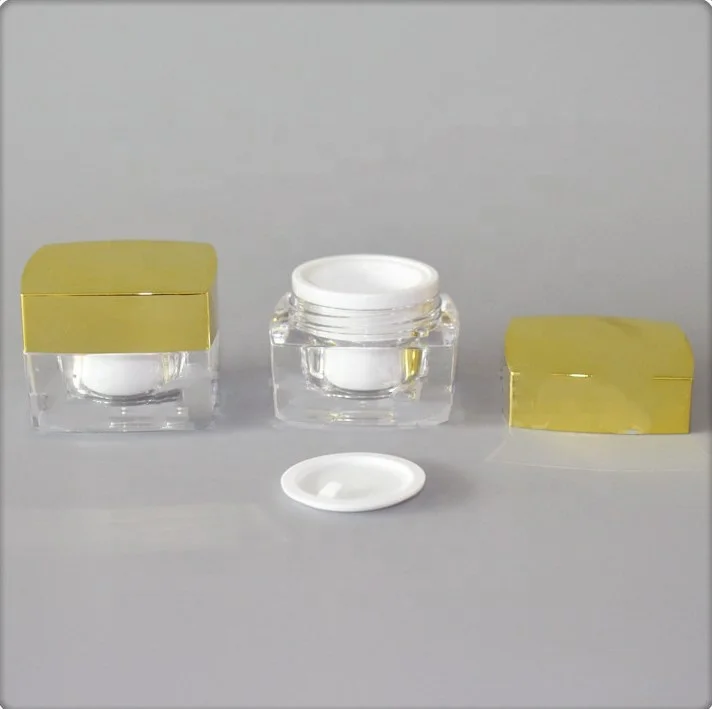 China suppliers square cream cosmetic acrylic 15g plastic jar clear with lid matte gold
