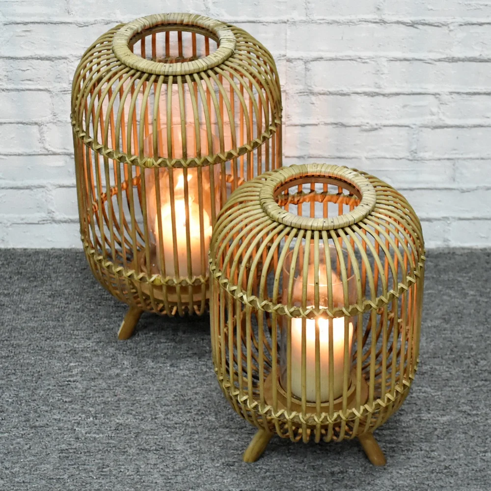 Bamboo Hurricane Lantern Candle Holder Round Vintage Candle Lantern with Stand And Glass Shade For Home Indoor Decorations