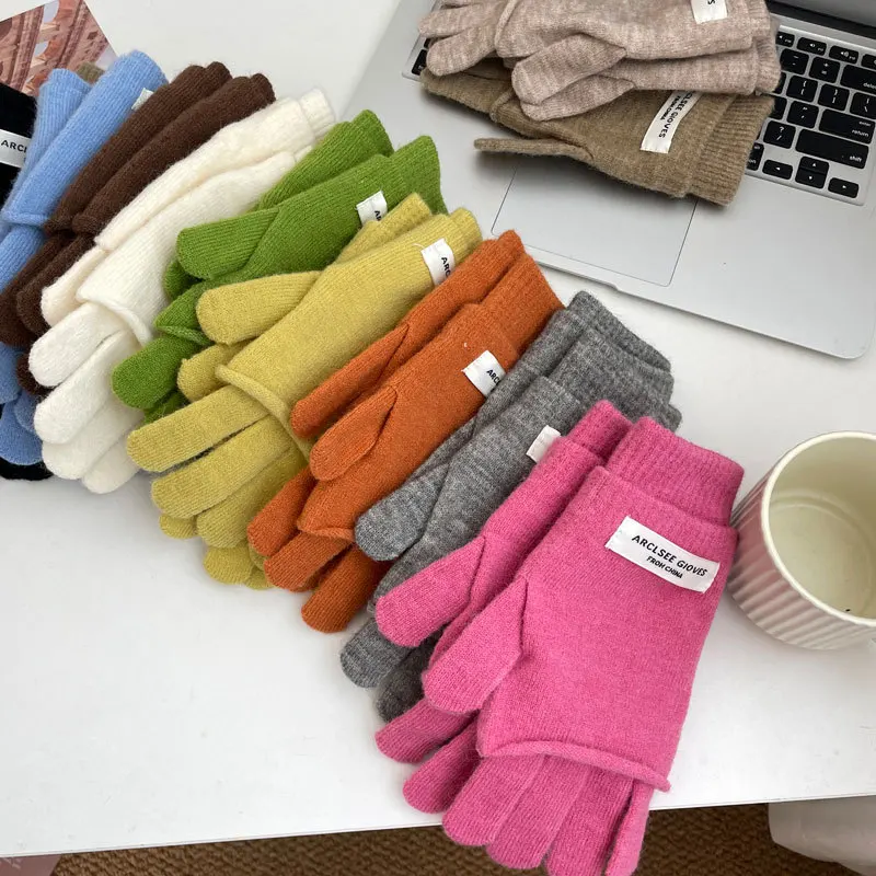 Осенние и зимние однотонные перчатки с пятью пальцами Теплые трикотажные шерстяные перчатки