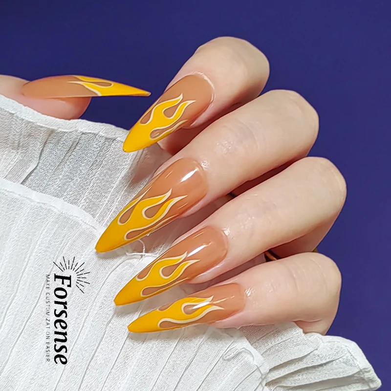 wholesale extra long almond nail tips press on false fingernail pointed stiletto fake nail flame presson stick on nail with glue