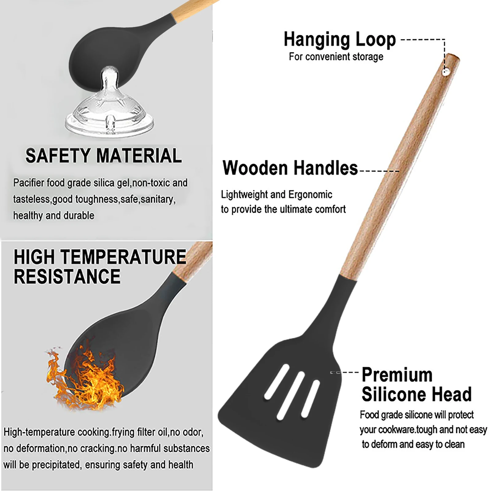 24PCS Kitchen Utensils Set, 2024 Cookware Wooden Handle Silicone Turner Tongs Spatula Spoon With Bucket