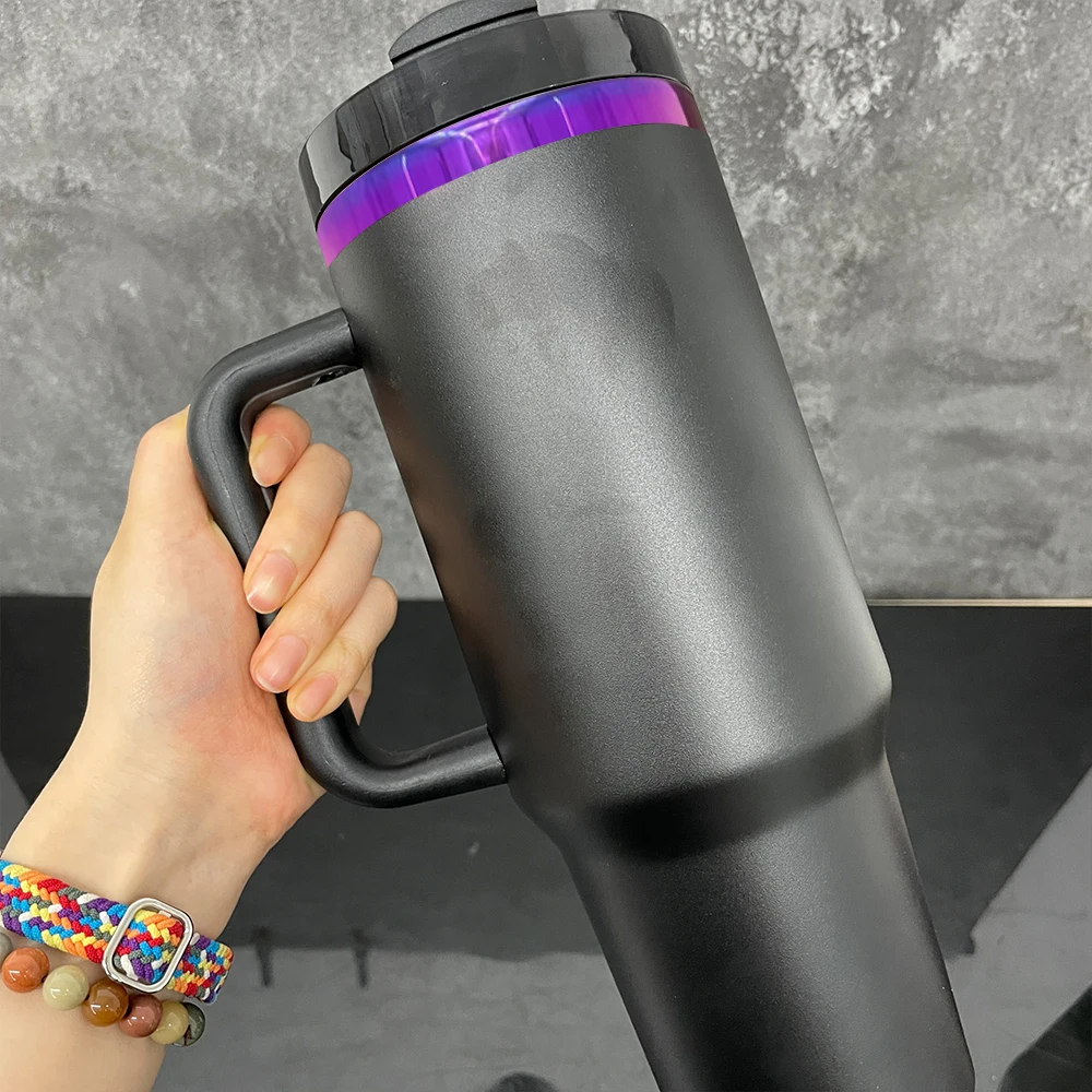 H2.0 40oz Tumbler Purple Plated Underneath Black White Powder Coated With Silicone Boots Sleeve