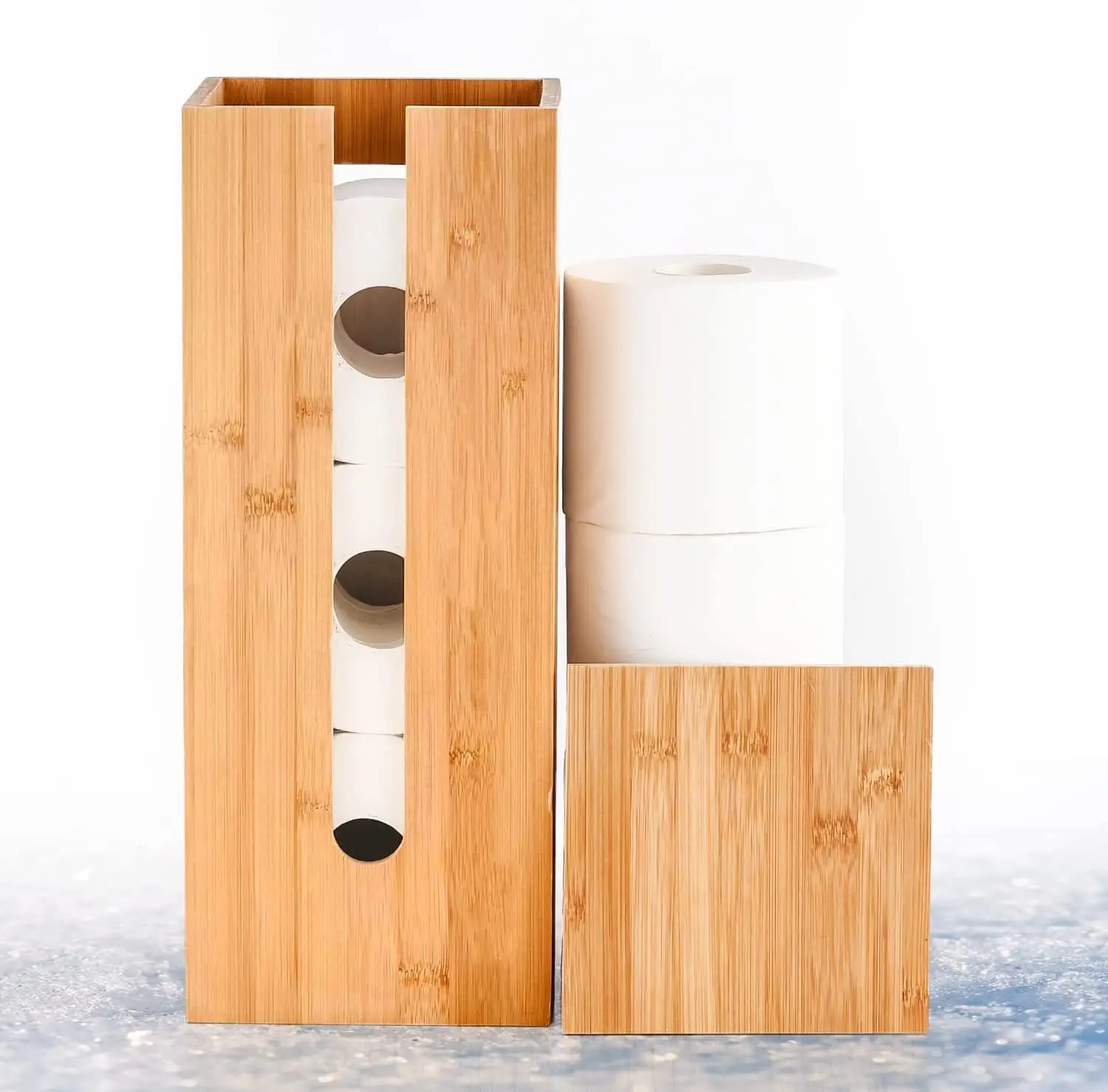 Bathroom Bamboo Toilet Paper Holder Spare Organizer, Vertical Free-Standing Compact Organizer, can Hold 3 Rolls of Toilet Paper