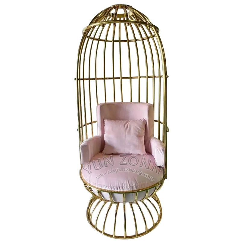 King Gold Throne Chair with Fancy Leather Bird Cage Shape Cushion Stainless Steel for Hotel or Living Room Event Furniture