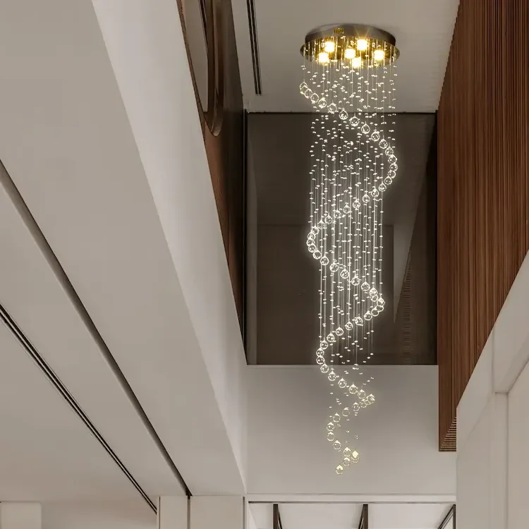 Custom Nordic Modern Style Pendant Light Hotel Lobby Long Ceiling K9 Crystal Staircase Led Chandelier