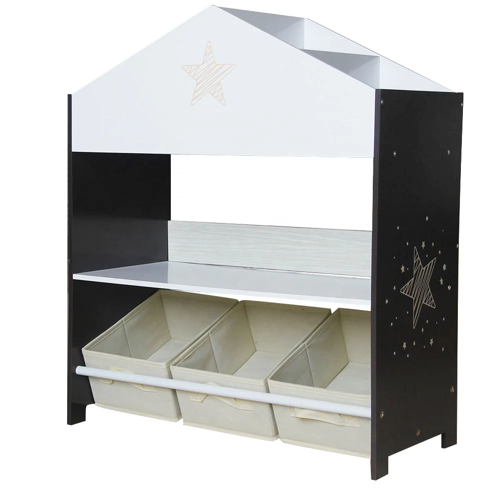 Wooden Kids Bookshelf Home Furniture Children Toy Display Storage Shelf With 3 Storage Bins