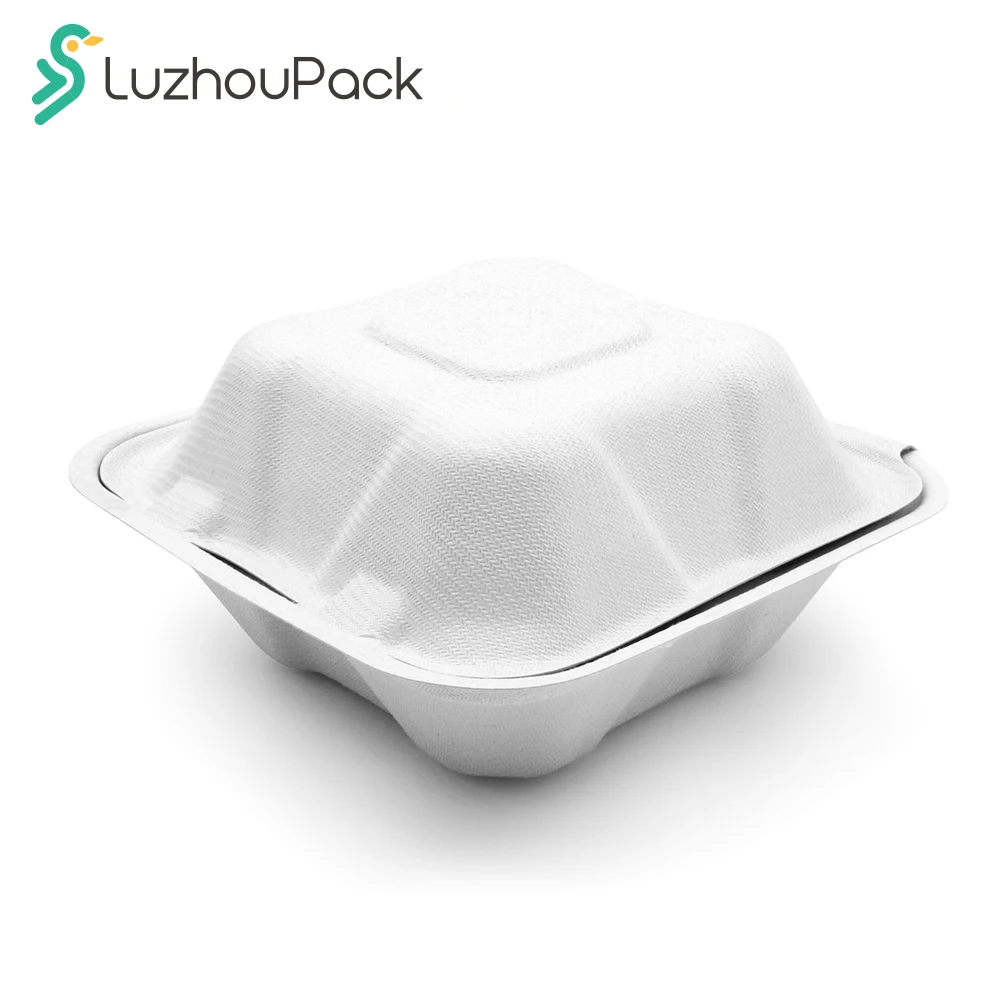 LuzhouPack Customizable OEM Take-Out Container Clamshell 6 x 6 inches Molded Fiber Bagasse to Go Food Box with Lock