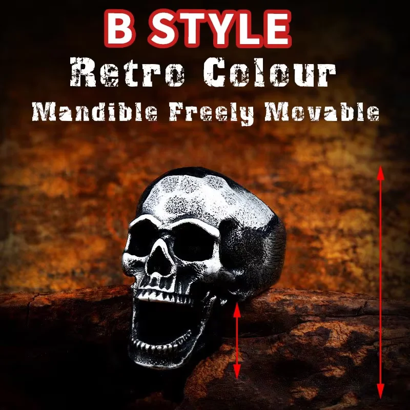 SS8-592R Stainless Steel New Design Skeleton Men Ring Wholesale Gothic Skull Jewelry Skull Moving Mouth Ring Punk Biker Jewelry