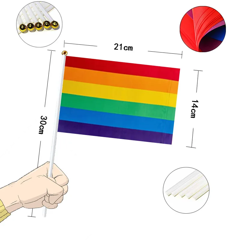 Pride Month Gay Lesbian LGBTQ 14cm*21cm Hand Held Flag Rainbow Custom Cheering Events Flag Parade Flag