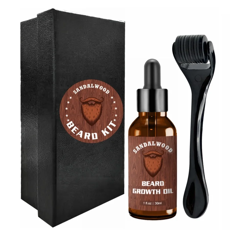 Men mustache care set beard growth serum oil and 0.5mm derma roller for hair growth beard oil roller kit