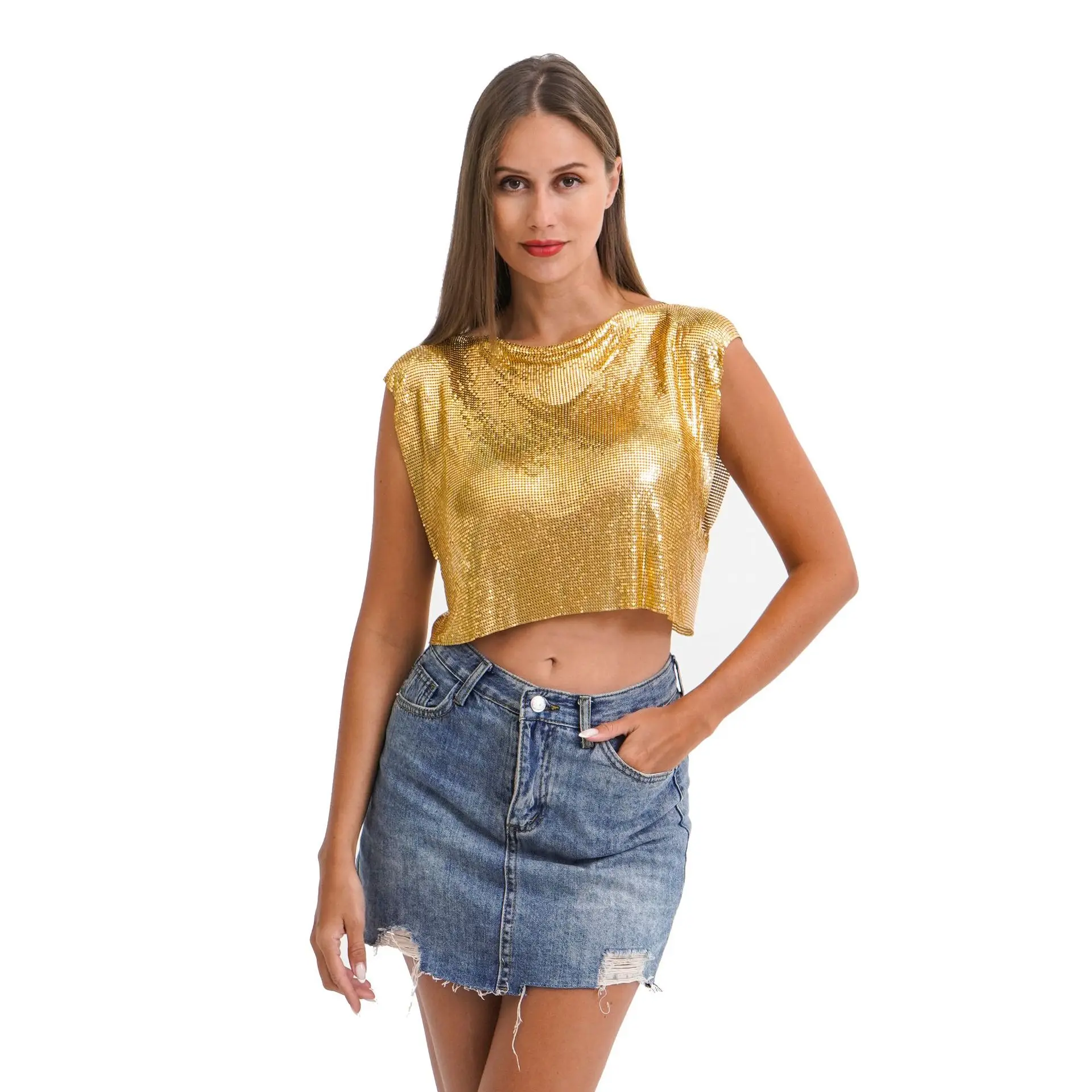 Product Sequins Top Clothes Hot Girl Vest Nightclub Metal T-Shirt For Women