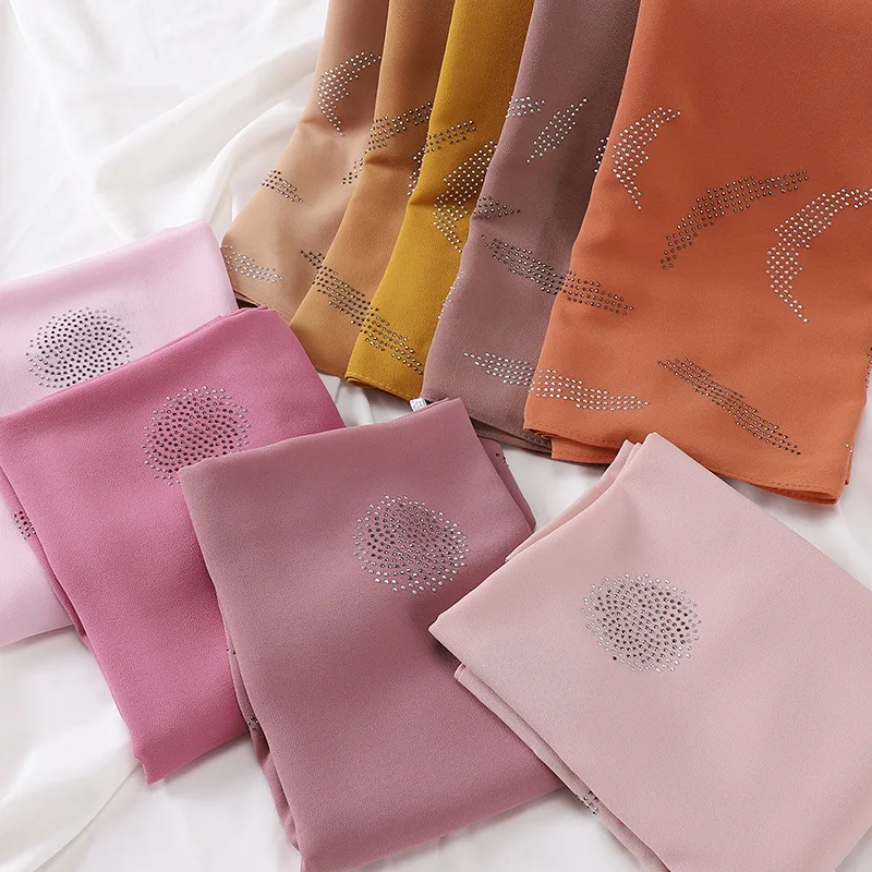 2022 New design scarves muslim hijab solid color rhinestone hijab headscarf chiffon women hijab