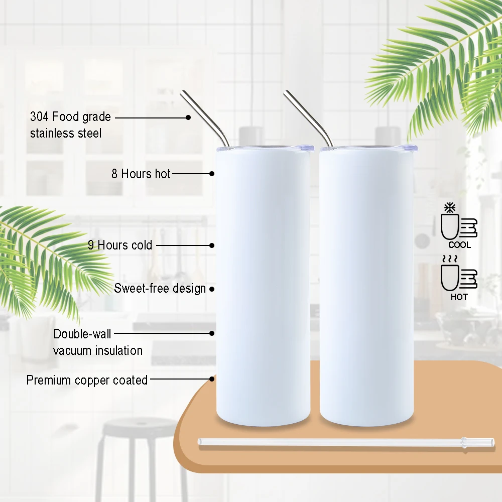 US Warehouse Stainless Steel 20oz Sublimation Tumbler Blank Heat Press Tumblers Straight Shinny Cups With Straw And Rubber
