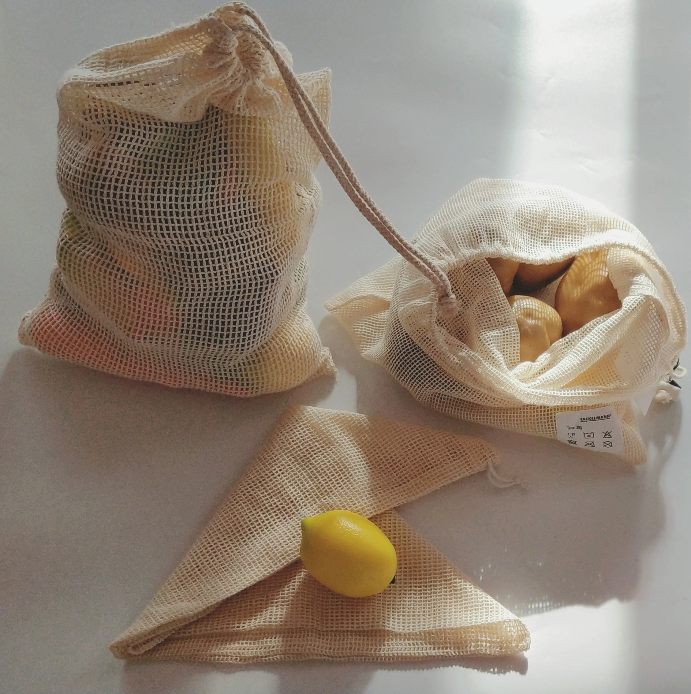 100% Organic Cotton Mesh Net Cloth Food String Custom Logo Washable Storage Drawstring Shopping Bags for Fruits and Produce