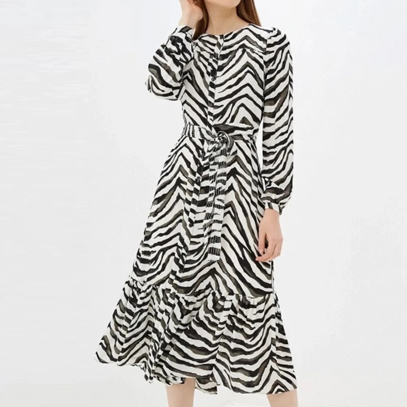 Women Spring /Autumn Long Sleeve Frill Trim Zebra Printed Lightweight Chiffon Long Casual Dress