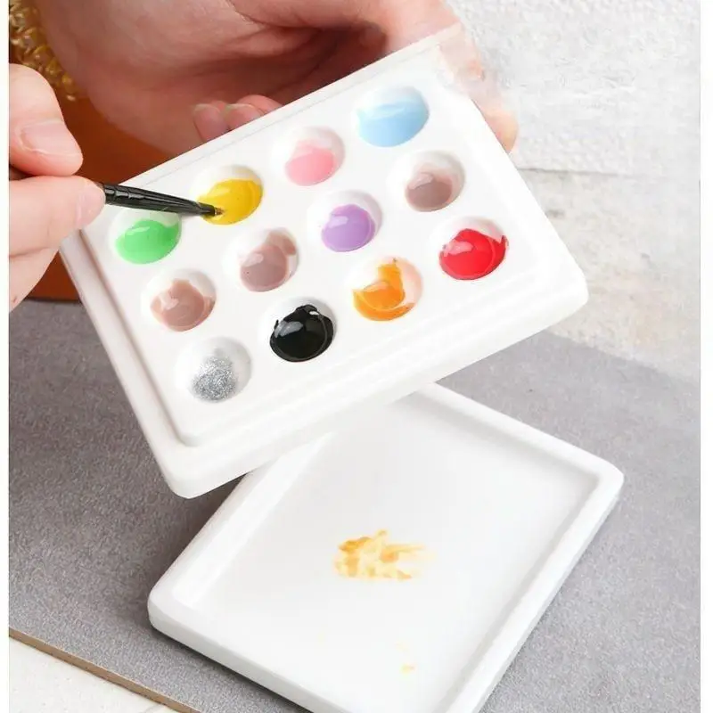 Hot Selling 12 Wells Square Shape Porcelain Paint Palette With Cover Washable White Ceramic Paint Palette for Paint Mixing Using