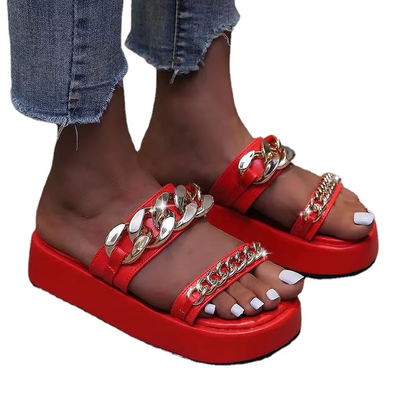 Ready To Ship Summer Fashion Soft Platform Shoes Women Flat Sandals Gold Chain Flip-Flops Slippers Footwear Slides Custom