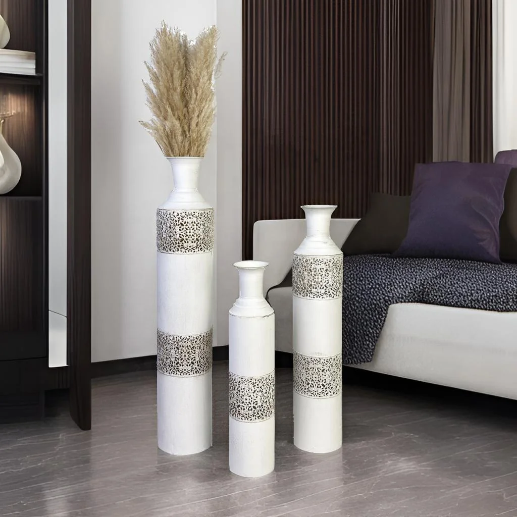 Lander Decorative Vintage Extra Large Metal Flower Vase Set of 3 Big Floor Tall White Vases for Home Decor Living Room