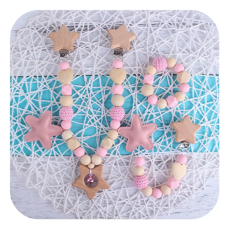 New Style 3pcs/Set Teething Crochet Beads Bracelet Wooden Pacifier Clip Chain Baby Soothe Pacifier Chain Set