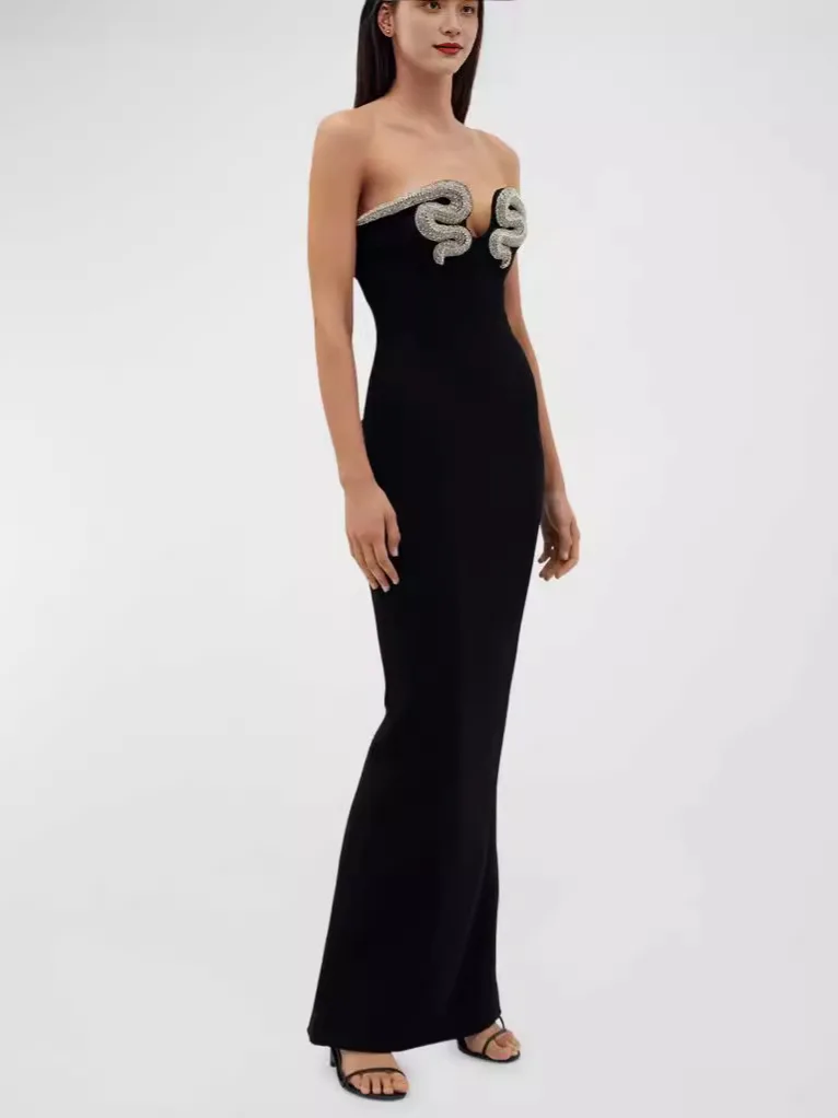 Factory wholesale 2024 New slim black evening dresses bandage dress hot sale rhinestone strapless banquet party dress