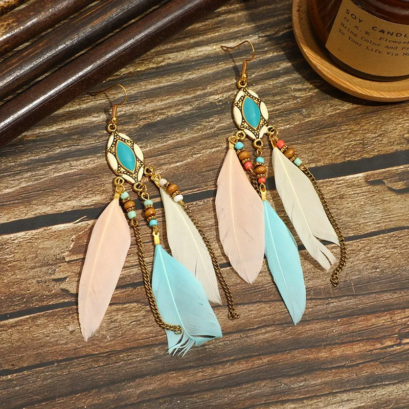 Bohemian Ethnic Style Long Feather Earrings Hoop Earrings Gold Gift Paper with Tassel Chain Fashion Carton Women's BOHEMIA