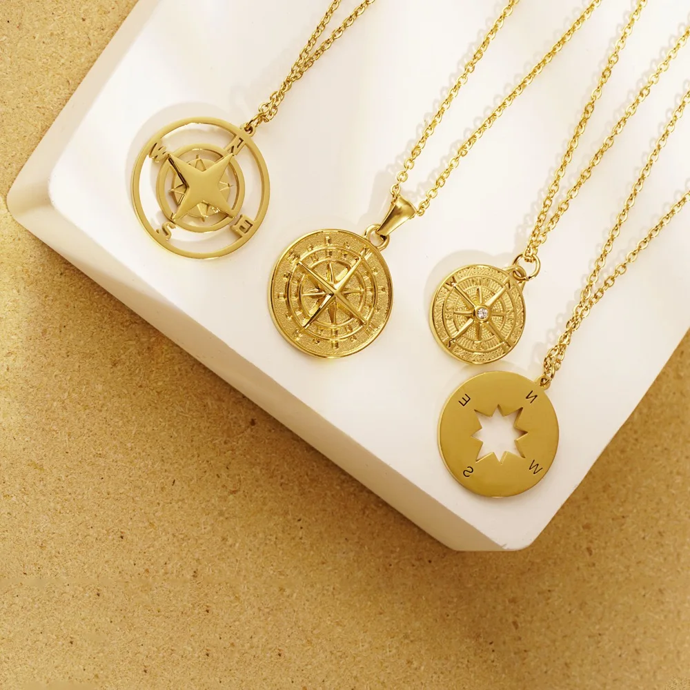 Compass stainless steel gold plated necklace for men and women