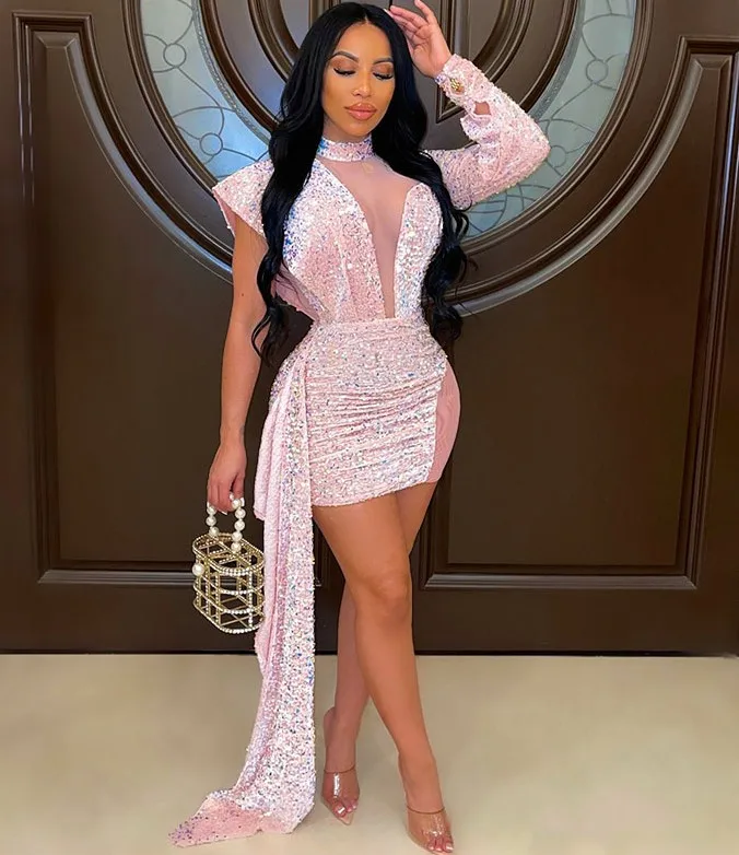 New Fashion Plus Size Semi-high Neck Tight Buttock Women Gauze Bead Sequin Night Club Short Sexy Dresses 2024