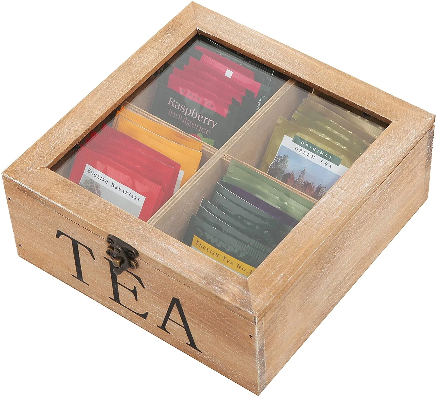 Custom Wooden Boxes With Hinged Lid Rustic Wood Tea Storage Box Tea Bag Organizer Display Box with Clear Lid and Latch