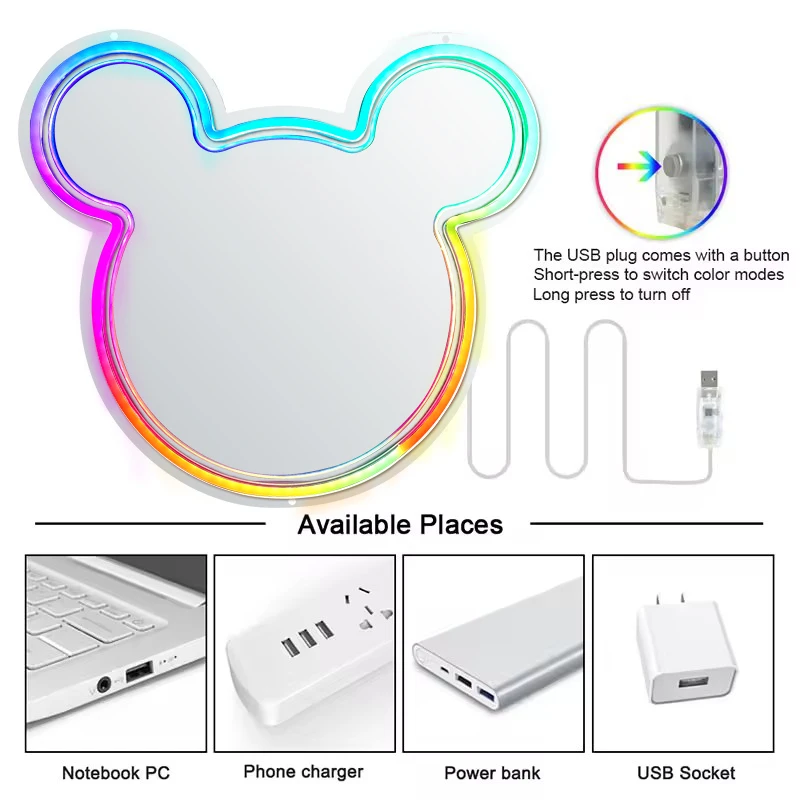 Dropshipping Mirror Acrylic Neon Light logo For Bedroom Birthday Party Bar Decor Neon Lights Bear Mirror Neon Sign