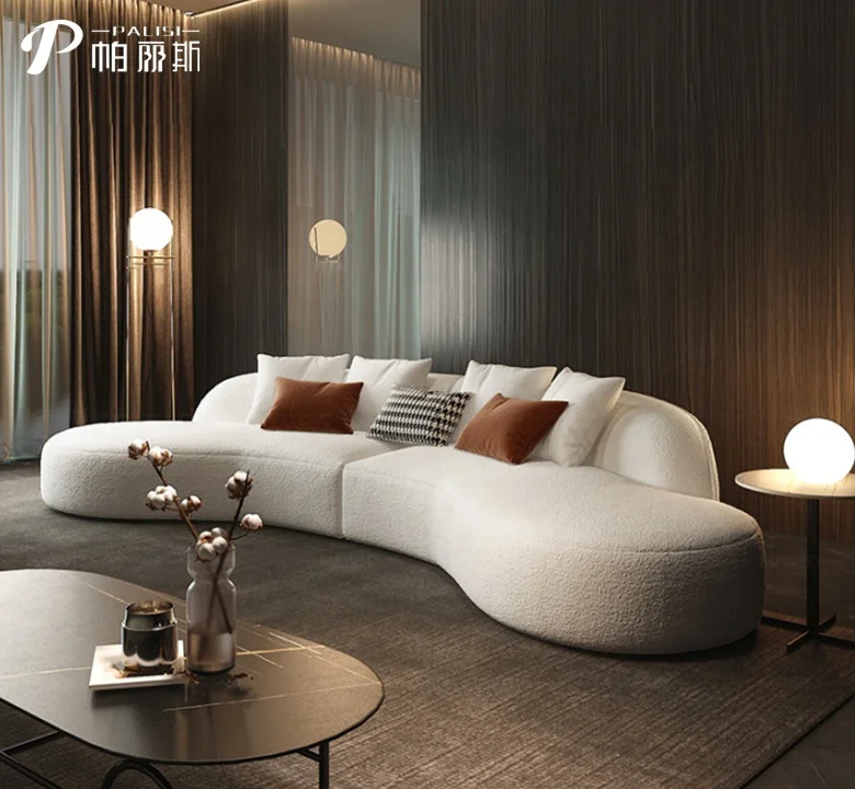 Popular Teddy Fabric Boucle Fabric Sofa Set Italian Creative Indoor Furniture Living Room Fancy Curved Sectional Sofa
