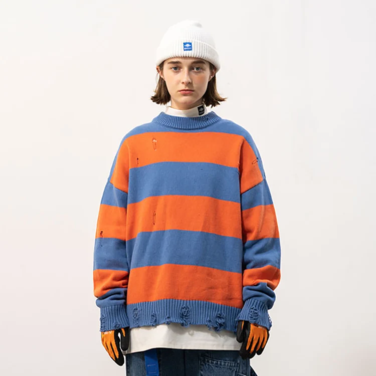 OEM Customize Winter Street Loose Ripped Unisex Striped Pullover Knitted Color Block Distressed Sweater Women