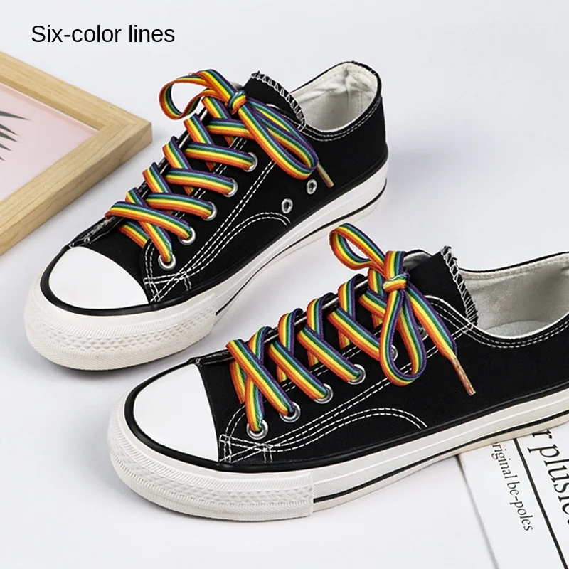 Wholesale Six-Color Gradient Flat Shoelaces Rainbow Pattern Casual Sneaker Shoes with 8mm Width Cross-Border shoelaces