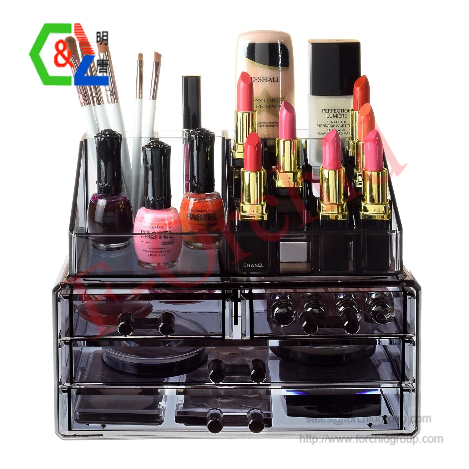 Acrylic cosmetics with multiple compartments and drawer storage cabinets