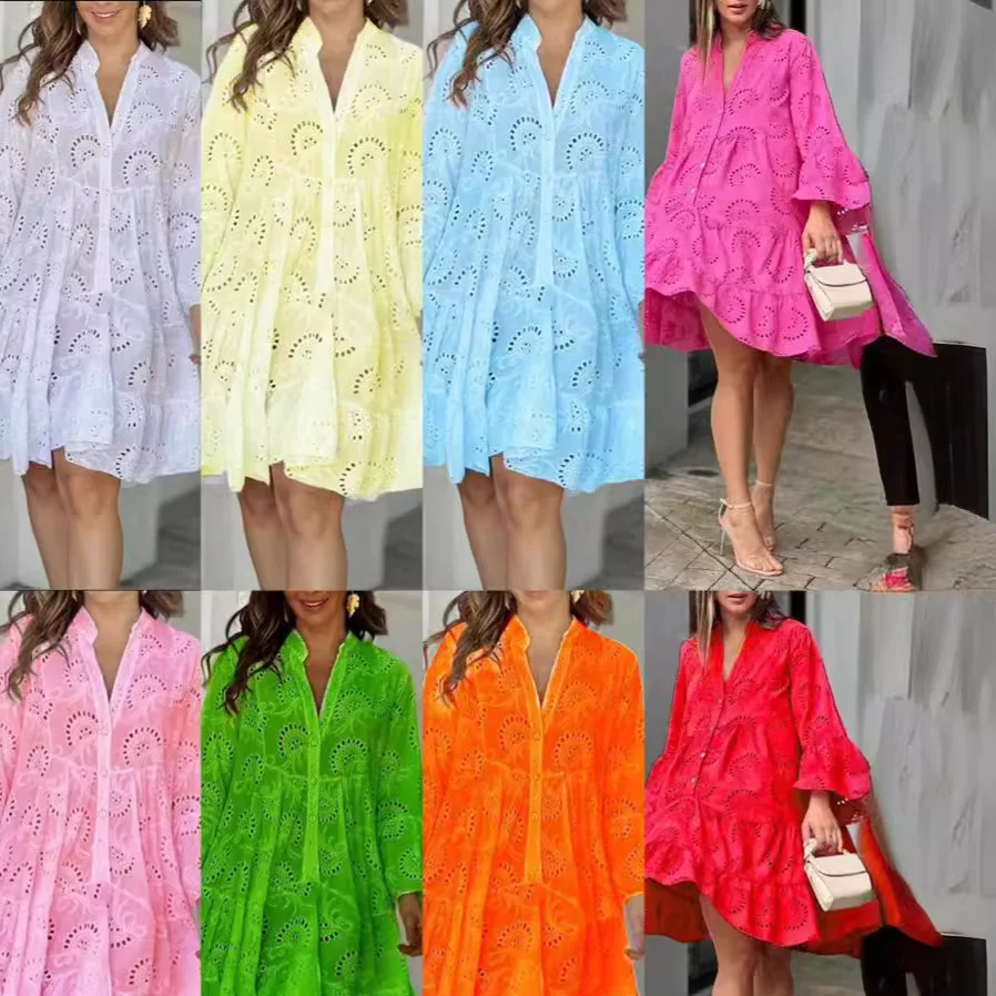 2024 Latest Design Chic Summer Dresses Women Casual Solid Color V-Neck Embroidered Hollow Out Loose Lace Dress