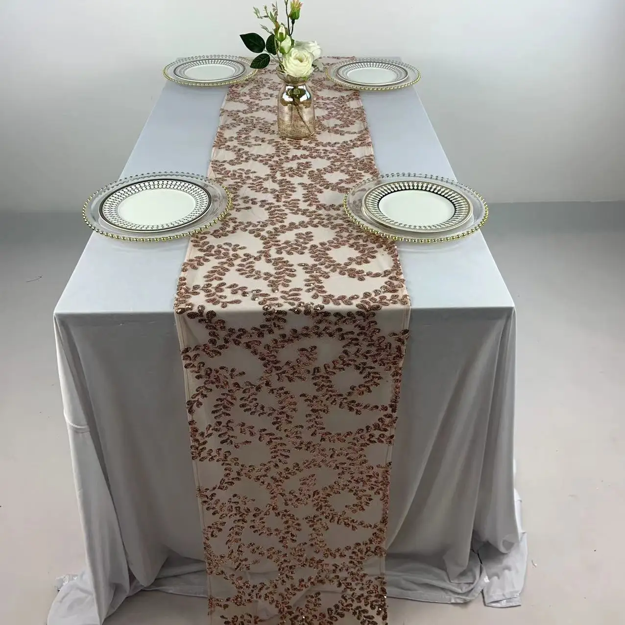 TR064#73 wedding table runner floral table runner sequin bow
