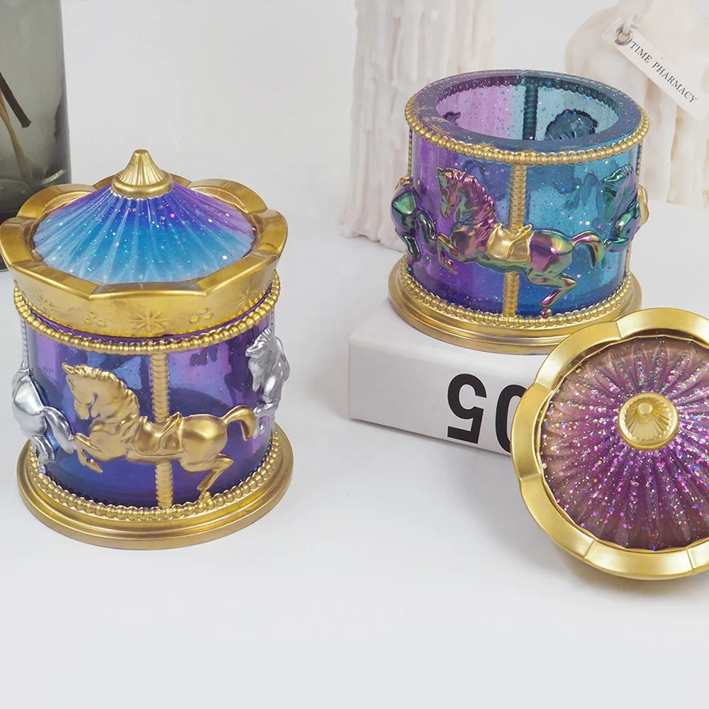 DM790 Carousel Horse Jar Mold Jewelry Storage Box Epoxy Resin Silicone Mold For cement concrete plaster