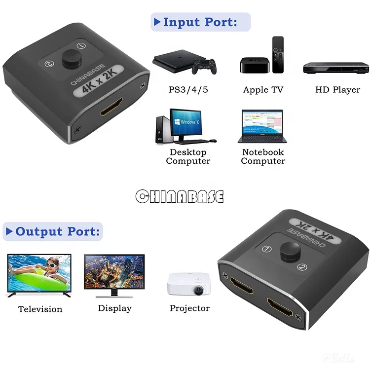 4K@30hz HDMI Selector Switcher 2 in 1 Out HDMI Switch Splitter Aluminum HDMI 2.0 Bi-Directional Switch Support 3D 4K HDR