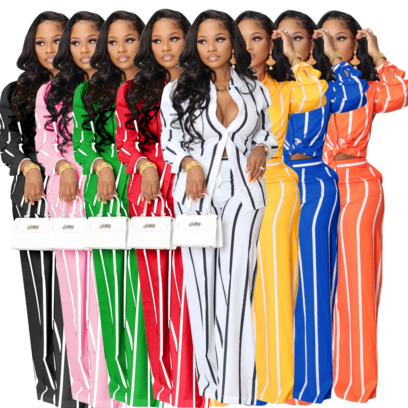 2023 Street Striped Women Set Long Sleeve Shirt and Straight Pants Suit Elegant Chic Tracksuit Two Piece Set Fitness Outfit