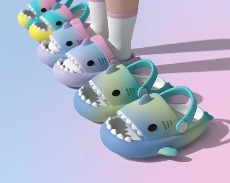 Hot gradient color kids girls flat EVA shark slippers  summer outdoor beach sandals children boys hole shark slides