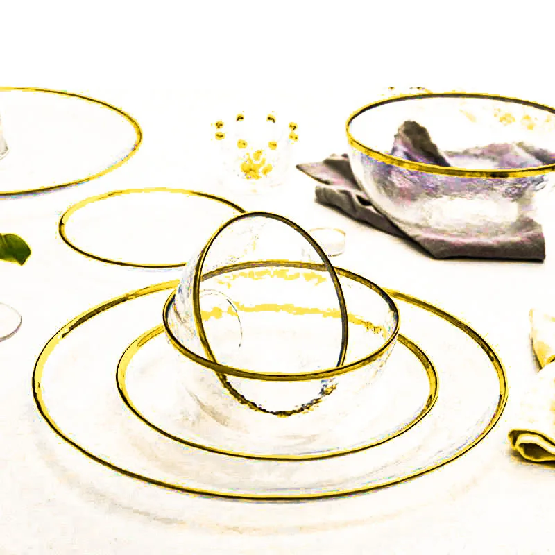 Hot sale Restaurant Hotels Glass Plate and Bowl Glass With Gold Rim Dinnerware Set