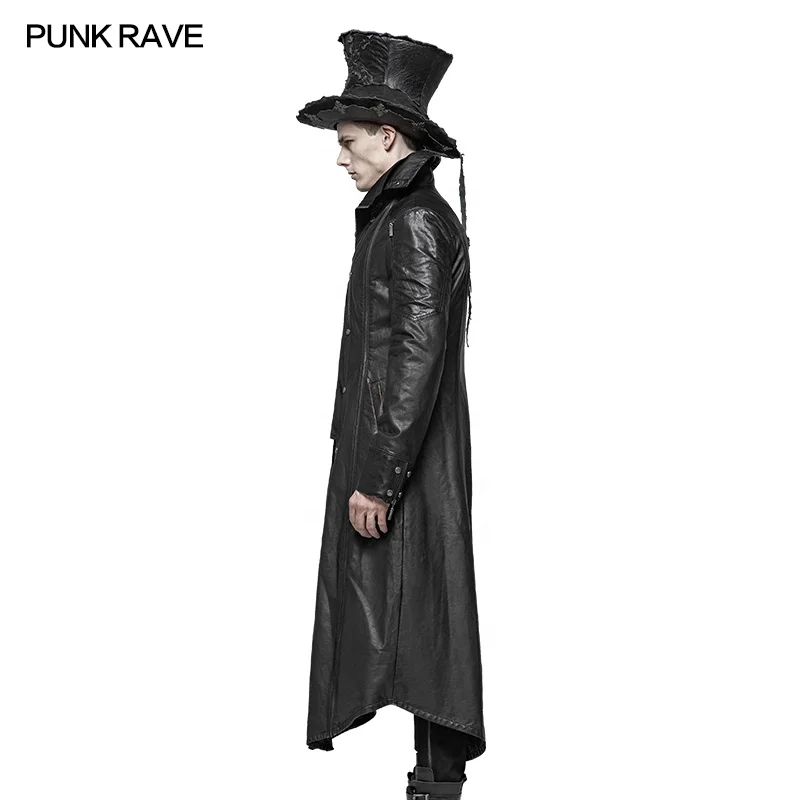 PUNK RAVE Y-422 Wholesale Handsome Gothic Men Long PU Leather Fake Two Pieces Coat